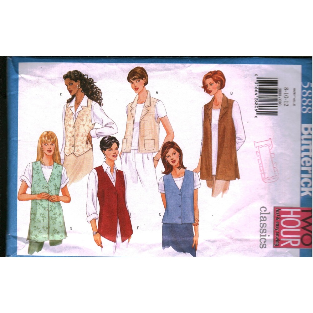 Butterick 5888 Sewing Pattern Womens Vests Multi Size 8-10 Fast Easy cut